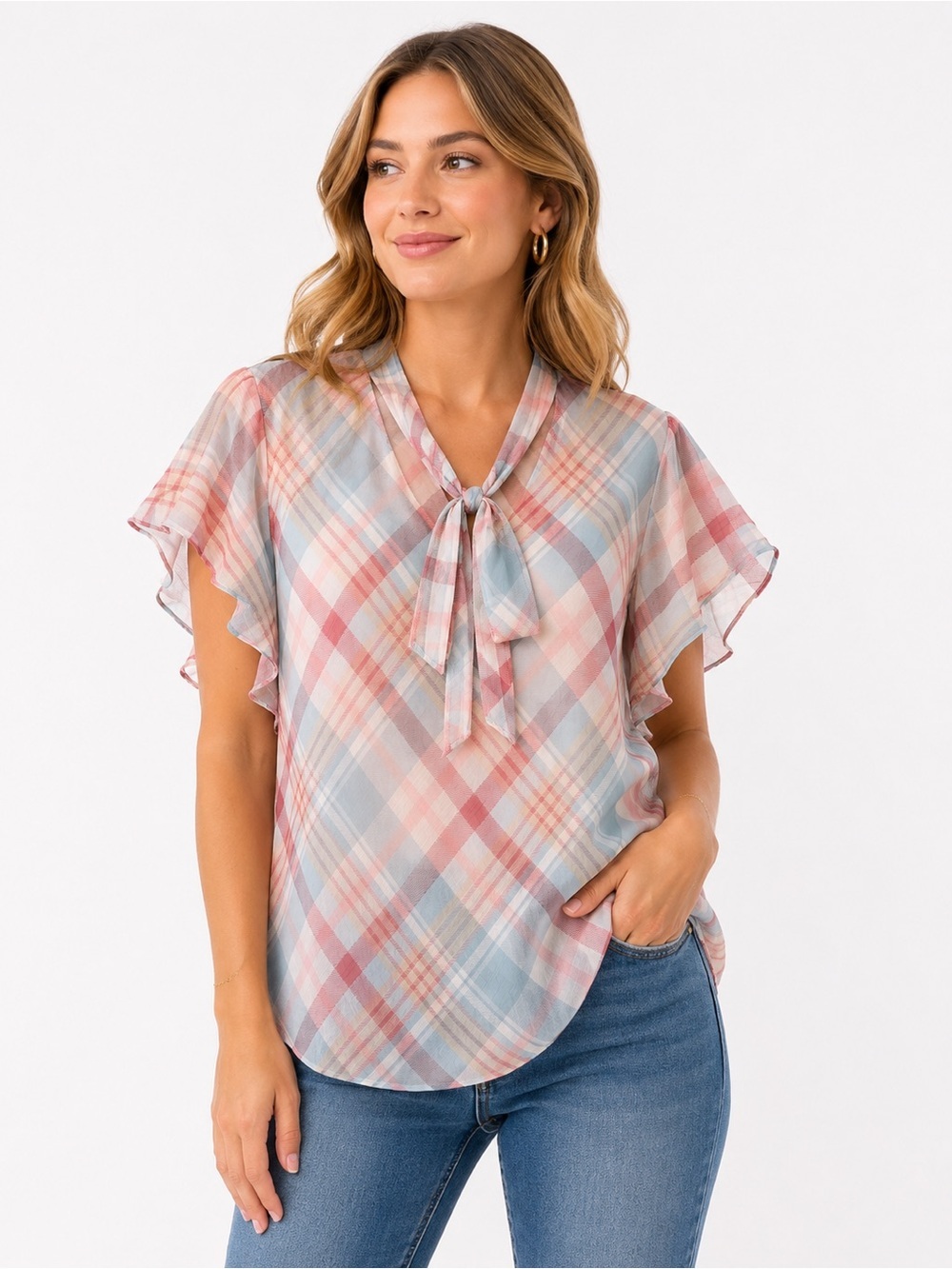 Lauren Ralph Lauren XXL Plaid Tie Neck Flutter Sleeve Sheer Blouse Pink Blue